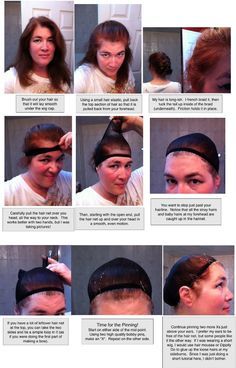 (31) A picture tutorial on how to wear a mesh wig cap. I like the pointers she gives on placement, pinning it, and taking care of short flyaways. | Pinterest Wig For Beginners, How To Wear A Wig, Picture Tutorial, Costume Tutorial, Cheap Wigs, Cheap Halloween, Epic Cosplay, Halloween Wigs, Cosplay Tutorial