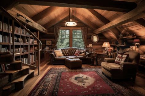 Cozy cabin retreat with cozy reading nook and book collection royalty free stock photo Cabin Loft Library, Log Cabin Library Reading Nooks, Cabin Study Room, Small Cabin Library, Log Cabin Library, Small Cozy Cabin Interior, Cabin Reading Nook, Rustic Reading Nook, Cabin Library