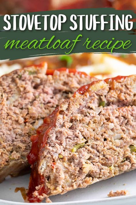 This Stove Top Stuffing Meatloaf is a classic, easy dinner recipe that the entire family will love! It's made with juicy ground beef and a box of stove top stuffing, white onion, green bell pepper, meatloaf seasoning, Worcestershire sauce, and more. It's tender, savory, and delicious! Beef Casserole Recipes | Beef Recipes | Ground Beef Recipes | Beef Recipes for Dinner | Beef Dinner | Easy Meals | Cooking Recipes | Stove Top Stuffing Recipes | Weeknight Meals | Stuffed Bell Peppers Stove Top, Casserole Recipes Beef, Stove Top Stuffing Meatloaf Recipes, Stuffing Meatloaf, Stove Top Stuffing Meatloaf, Stove Top Stuffing Recipes, Meatloaf Seasoning, Stove Top Stuffing, Dinner Beef