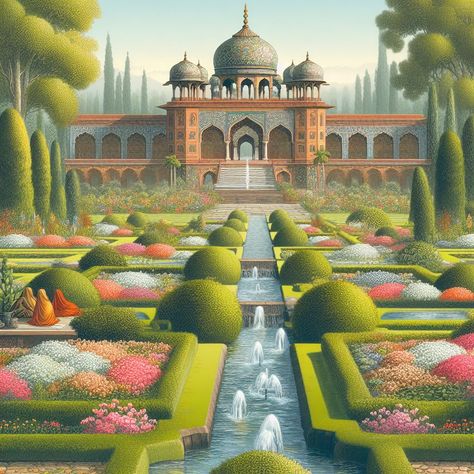 Pakistani Landscapes, Mughal Garden, Commercial Landscape, Indian Living Room, Ancient Technology, Flowing Water, Landscape Plan, Traditional Garden, Garden Painting