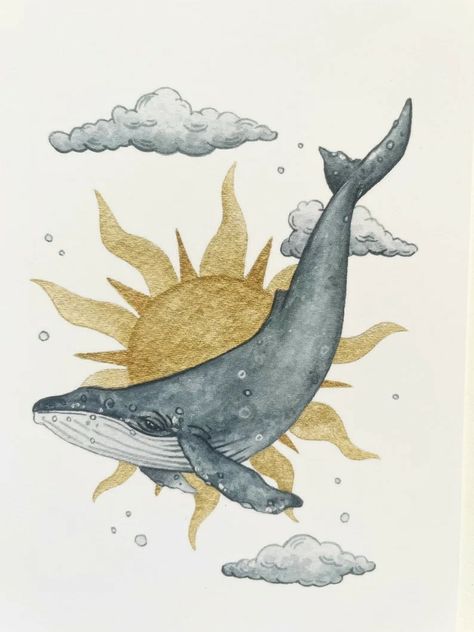 Whale Design Illustration, Watercolor Marine Life, Flying Whale Art, Whale Painting Acrylic, Whale Shark Illustration, Whale And Calf, Whale Jumping, Elephant Doodle, Whale Poster