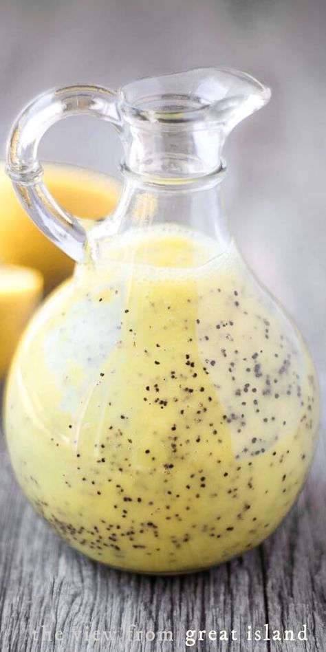 lemon poppy seed salad dressing in a small glass picher Lemon Poppyseed Dressing Recipe, Poppy Seed Salad Dressing, Poppyseed Dressing Recipe, Poppyseed Salad Dressing, Poppy Seed Salad, Strawberry Feta Salad, Lemon Poppy Seed Dressing, Strawberry Feta, Kitchen Witch Recipes