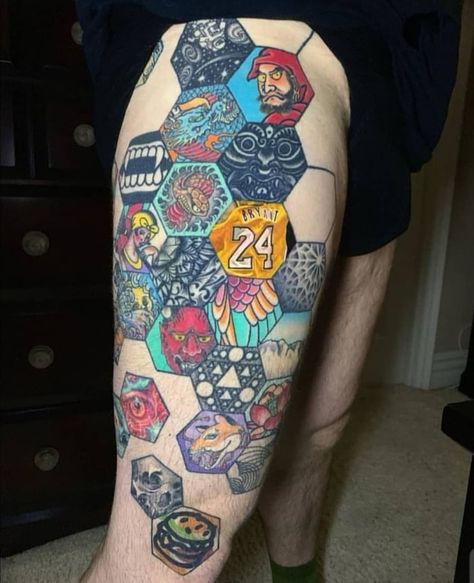 This guys tattoo collection. Each artist filled in a hexagon with whatever they want. Hexagon Tattoo, Honeycomb Tattoo, Kunst Tattoos, C Tattoo, Tatuaje A Color, Red Tattoos, About Tattoo, Tattoo Project, Tattoo Cover-up