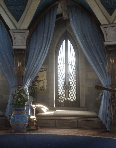 Raven Law Common Room, Ravenclaw Decor, Ravenclaw Common Room Aesthetic, Harry Potter Beauxbatons, Ravenclaw Common Room Bedrooms, Ravenclaw Bedroom, Ravenclaw Room, Hogwarts Bedroom, Hogwarts Interior