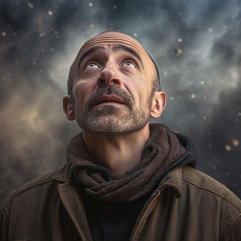 man with inquisitive face looking up to the sky photo real Man Looking Up At Sky, People Looking Up At The Sky, Guy Looking Up, People Looking Up, Guy Screaming, Portfolio Reference, Ghost Project, Man Looking Up, Black And White Photography Portraits