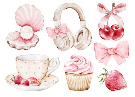 Coquette Headphones, Tea Couple, Headphones Drawing, Seashell Cake, Strawberry Clipart, Headphones Art, Idee Cricut, Ebook Design, Watercolor Elements