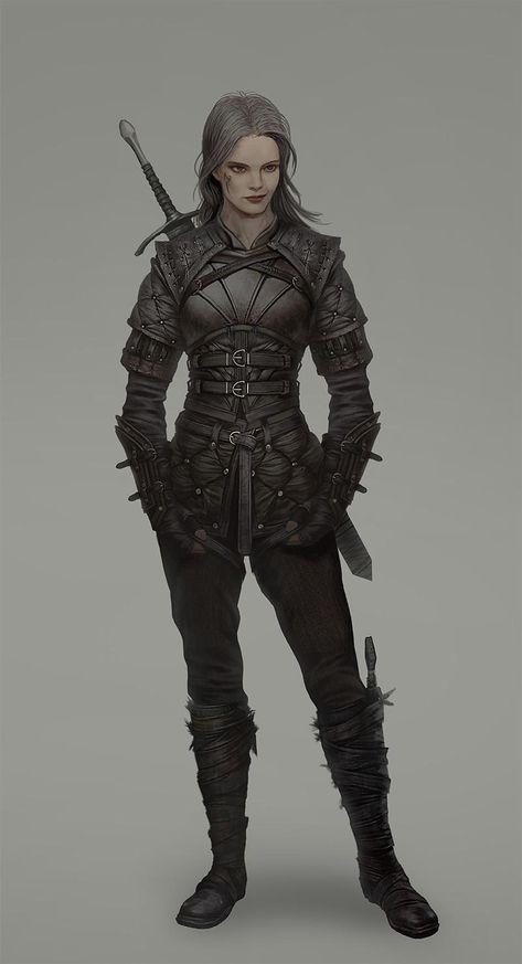 f Rogue Thief Leather Armor Sword Dagger midlvl undercity urban city farmland d&d DnD Female Witcher Outfit, D&d Rogue Female, Witcher Outfits Female, D&d Leather Armor, Leather Armor Drawing, Monster Slayer Dnd, Female Medieval Armor, Dnd Leather Armor Female, Female Fighter Outfit