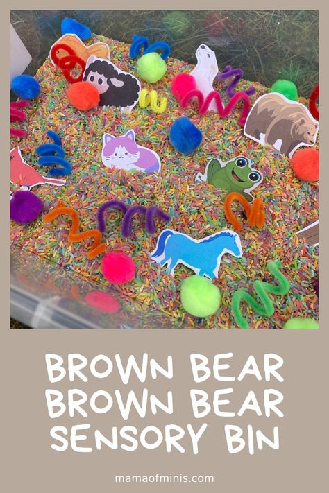 Brown Bear Brown Bear Sensory Bin Brown Bear Color Matching, Colors Sensory Bin Preschool, Preschool Brown Bear Activities, Sensory Bin Setup, Brown Bear Sensory Bin, Brown Bear Brown Bear Sensory Bin, Brown Bear Book Activities, Brown Bear Activities For Toddlers, Eric Carle Sensory Bin