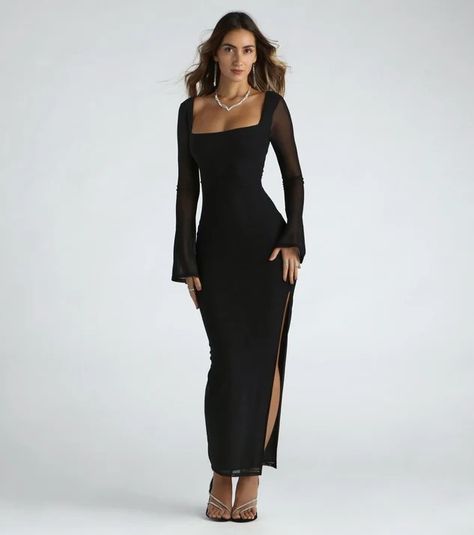 Wedding Guest Dress Fall Long Sleeve, Long Hoco Dresses With Sleeves, Off The Shoulder Christmas Dress, Dress Outfits Party Wedding, Wedding Guest Dress Fall Formal, Fall Black Wedding Guest Dress, High Neck Line Dress, Black Long Sleeve Satin Dress, Long Sleeved Long Dress