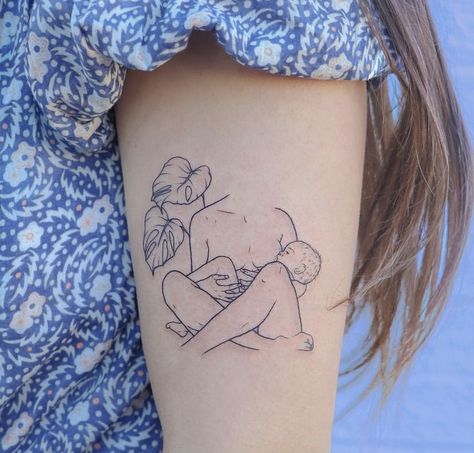 Breastfeed Tattoo, Child Birth Tattoo Ideas, Breastfeeding Tattoo Ideas, Tattoo Mama E Hija, Birth Tattoo Ideas, Motherhood Tattoo, Unique Mom Tattoos, Motherhood Tattoos Unique, First Baby Tattoo Ideas Mom