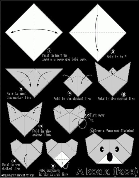 Easy Origami For Kids.: Koala(face)  we could show them where to fold the piece of paper? or use of deco Origami Instructions Animals, Origami Instructions For Kids, Origami For Kids, Easy Origami Flower, Easy Origami For Kids, Kids Origami, Origami And Kirigami, Origami Folding, How To Make Origami