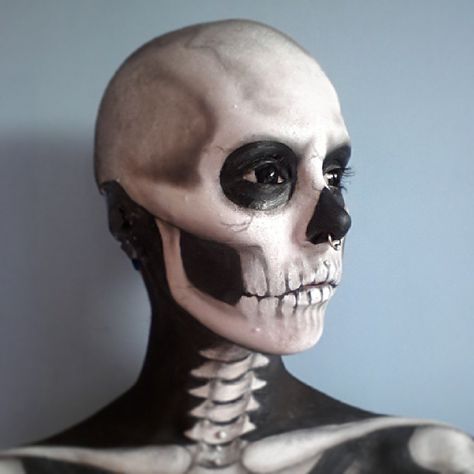 Skull face paint Skull Prosthetic Makeup, How To Paint Your Face Like A Skeleton, Skeleton Body Painting, Realistic Skull Makeup, Bald Cap Makeup, Full Face Paint, Skull Face Painting, Skeleton Face Makeup, Skull Face Makeup