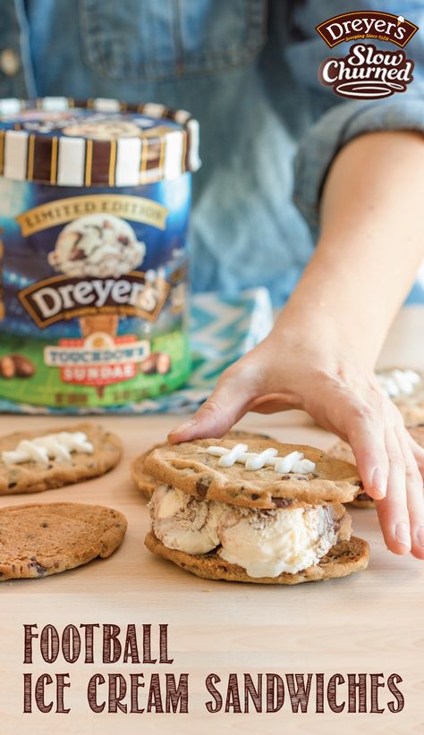 Ready for a touchdown-worthy dessert idea? Check out this recipe for Football Ice Cream Sandwiches. With Dreyer’s Slow Churned Touchdown Sundae light ice cream in between football-shaped chocolate chip cookies, this game day treat is easy and tasty—what could be better than that?! Football Ice Cream Cake, Football Ice Cream Sandwiches, Ice Cream Website, Nfl Party, Tailgate Ideas, Homemade Ice Cream Cake, Cake Homemade, Ice Cream Sandwiches, Fun Recipes