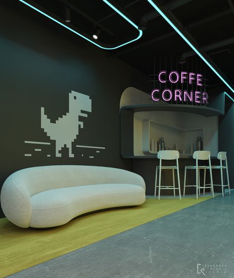 GT OFFICE on Behance Office Rest Area, Tech Interior Design, Office Coffee Corner, Gaming Area, Advertising Office, Office Wall Colors, Office Layout Ideas, Gaming Lounge, Waiting Room Design