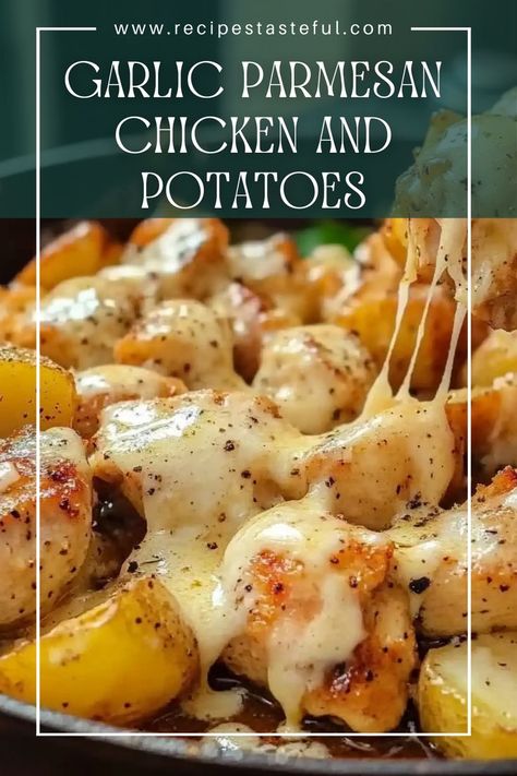 This delicious Garlic Parmesan Chicken and Potatoes dish combines tender chicken breasts with crispy potatoes, all coated in a rich garlic Parmesan sauce. Perfect for a quick weeknight dinner, it's sure to satisfy the whole family! Chicken And Potato Dinner Ideas, Healthy Potato And Chicken Recipes, Chicken Thigh Recipes And Potatoes, Garlic Parm Chicken Potato Skillet, Easy Chicken Potato Recipes, Chicken Tender And Potato Recipes, Garlic Parmesan Potatoes And Chicken, Chicken Breast And Potatoes Crock Pot, Chicken And Baby Potatoes Recipes