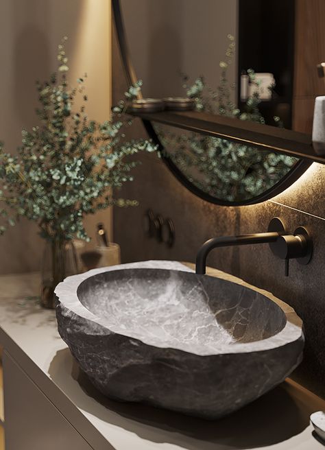 Tsytadelna Bathroom | CGI on Behance Earthy Stone Bathroom, Natural Stone Home Decor, Bathroom Remodel Natural Stone, Dark Organic Modern Bathroom, Bathroom Ideas Nature, Dark Stone Bathroom, Nature Bathroom Ideas, Stone Bathroom Ideas, Dark Luxury Bathroom