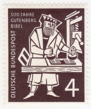 2017.03.24 - Book History in Postal Stamps - Germany 723 - 1954 15th Century Painter Gutenberg's 42 Line Bible Issue VF Johannes Gutenberg Printing Press, Gutenberg Press, Gutenberg Bible, German Stamps, Johannes Gutenberg, Commemorative Stamps, Stamp Catalogue, Postage Stamp Art, Great Inventions