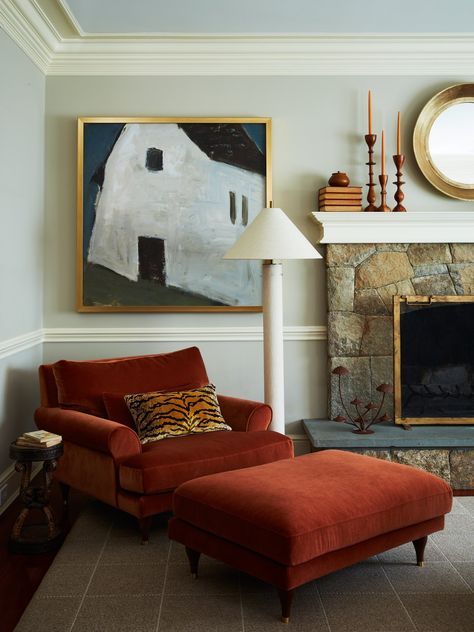 New England Home, Living Tv, Red Couch, New England Homes, Maximalist Decor, Home Magazine, Architectural Details, Living Room Inspo, House And Home Magazine