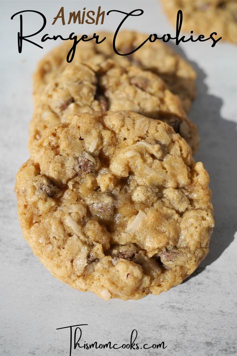 These delicious ranger cookies are inspired by an old order Amish cook book and filled with lots of goodies! Cookies With Rice Krispies, Amish Cookies, Cookies With Coconut, Ranger Cookies, Chocolate Whoopie Pies, Old Order, Caramel Cookies, Coconut Cream Pie, Amish Recipes