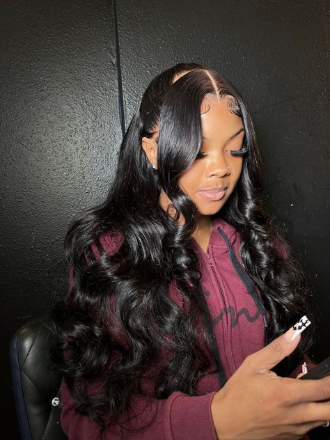 pretty & unique buss down wig. Styled Lace Front Wigs For Black Women, Frontal Black Hairstyles, Two Pigtails Half Up Half Down Wig, Cute Frontal Styles, Wavy Wig Hairstyles For Black Women, Hairstyles For Straight Wigs Black Women, Cute Wigs Styles For Black Women, Black Lace Wig Styles, Black Woman Wig Hairstyles