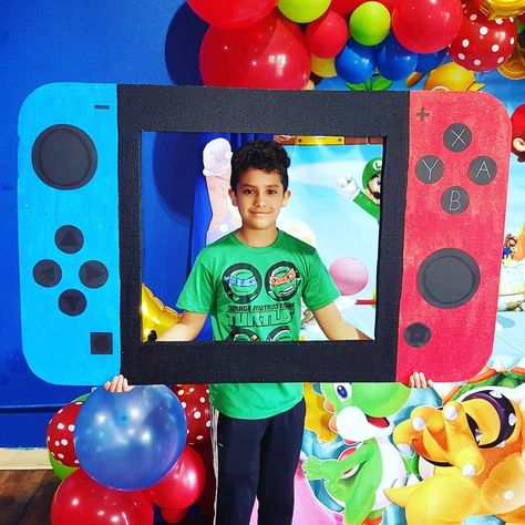 Nintendo Switch Nintendo Party Decorations Diy, Nintendo Switch Photo Booth, Gamer Party Decorations Diy, Video Game Photo Booth, Nintendo Switch Bulletin Board, Switch Theme Party, Nintendo Switch Balloon Garland, Giant Sorry Pieces Diy, Nintendo Switch Trunk Or Treat