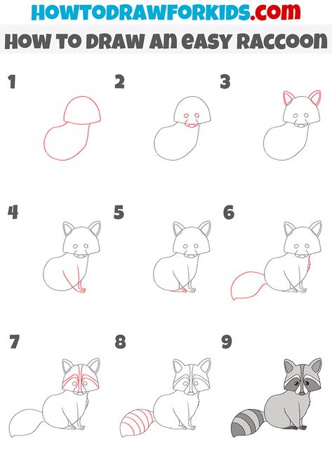 How To Draw Woodland Animals Step By Step, Raccoon Doodle Easy, How To Draw A Raccoon Step By Step, How To Draw Raccoon, How To Draw A Raccoon, Raccoon Drawing Cute, Raccoon Drawing Simple, Draw Raccoon, Forest Animals Drawing