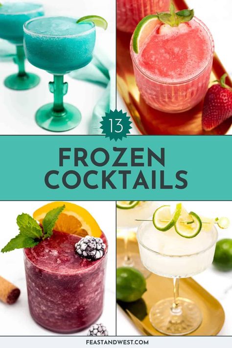 You're going to want to try these frozen cocktails this summer! They are a must-try on those sweltering summer days with record temperatures. Frozen Alcoholic Drinks, Frozen Butterbeer, Frozen Mojito, Frozen Sangria, Frozen Strawberry Daiquiri, Frozen Drinks Alcohol, Mango Daiquiri, Peach Daiquiri, Breakfast Cocktails