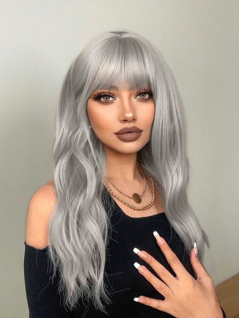 Silver  Collar  Synthetic Fiber  Bangs Wig Embellished   Wigs & Accs Grey Silver Hair, Shoulder Haircut, Ice Blonde Hair, Silver Wigs, Silver Blonde Hair, Ice Blonde, Grey Wig, Silver Blonde, Short Curly Haircuts