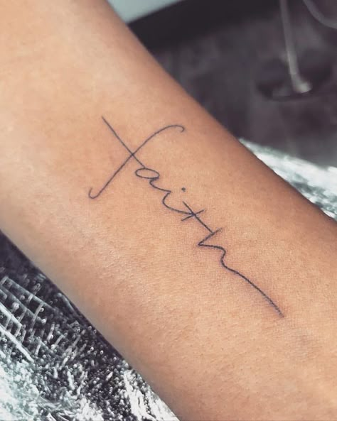 Cross That Says Faith Tattoo, Faith Tattoo With Cross, Cross With Writing Tattoo, Faith Ankle Tattoos For Women, Have Faith Tattoo Ideas, Faith In Cursive Tattoo, I Am Chosen Tattoo, Cristian Tattoo Ideas, Faith Cross