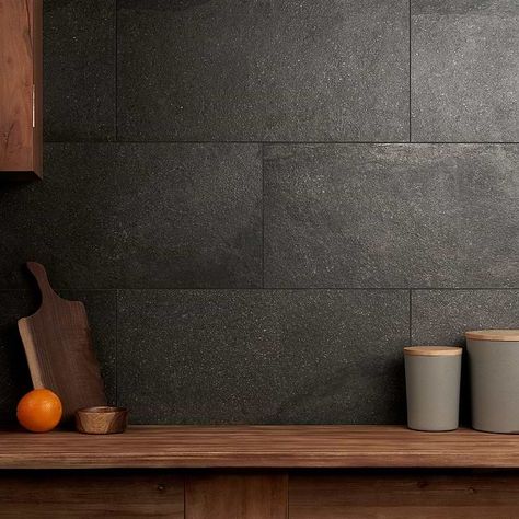 Acadia Charcoal Black 12x24 Matte Porcelain Tile | Tilebar.com Black Stone Tile, Black Slate Tiles, Slate Backsplash, Artmore Tile, Black Wall Tiles, Black Tile Bathrooms, Expensive Decor, Black Backsplash, Dark Tile