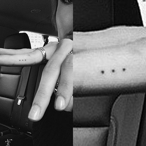 Her third tattoo... Three dots mean there's a word purposefully missing. 3 Dots Tattoo Meaning, 5 Dots Tattoo, Dot Dot Dot Tattoo, Dots Tattoo Meaning, Three Dots Tattoo, Dots And Lines Finger Tattoo, Three Dots Finger Tattoo, Tattoo Dots On Fingers, Dot Tattoos On Fingers