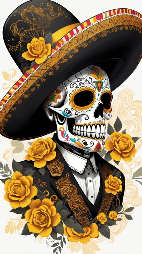 Celebrate the beauty of Día de los Muertos with this stunning sugar skull wallpaper adorned with intricate designs and vibrant yellow marigolds. Perfect for honoring Mexican culture and traditions, this elegant skull art adds a touch of color and meaning to your phone. Download it now from my Zedge account and bring a festive, artistic flair to your screen! Mexican Iphone Wallpaper, Dia De Los Muertos Skull Ideas, Mexican Art Wallpaper, Mexican Sugar Skull Art Beautiful, Mexican Marigold, Color And Meaning, Wallpaper Vibrant, Sugar Skull Wallpaper, Sugar Skull Illustration