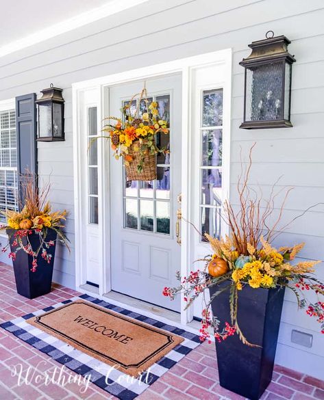 Fresh ideas for decorating your front porch for fall to create an inviting and welcoming entry. #fallfrontporch #frontporchdecor #falldecor Porch Fall Decorating Ideas, Porch Fall Decor, Fall Front Door Decor, Fall Front Porch Decor Ideas, Fall Front Porch Ideas, Fall Planters, Fall Front Porch Decor, Fall Things, Fall Front Door