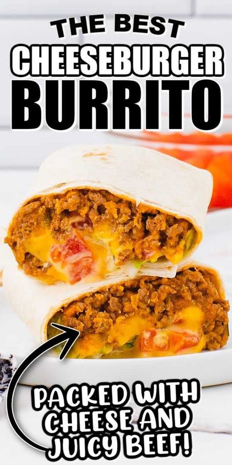 This easy cheeseburger burrito recipe is made by stuffing ground beef, cheese, and all the usual burger fixings inside a warm tortilla wrap. Cheese Burger Burrito, Cheeseburger Burrito Recipes, Cheeseburger Burritos, Cheeseburger Burrito, Cold Wraps, Burger Fixings, Burger Burrito, Burger Wraps, Cheeseburger Wraps