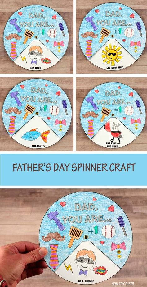 Father's Day Spinner Craft For Kids - Non-Toy Gifts #fathersdaycraft #fathersdayspinner Father’s Day Crafts For Older Kids, Religious Fathers Day Crafts For Kids, Fathers Day Activities For Preschool, Easy Fathers Day Crafts For Kids, Father’s Day Crafts For Preschoolers, Fathers Day Crafts For Preschoolers, Spinner Craft, Baby Fathers Day Gift, Kids Fathers Day Gifts