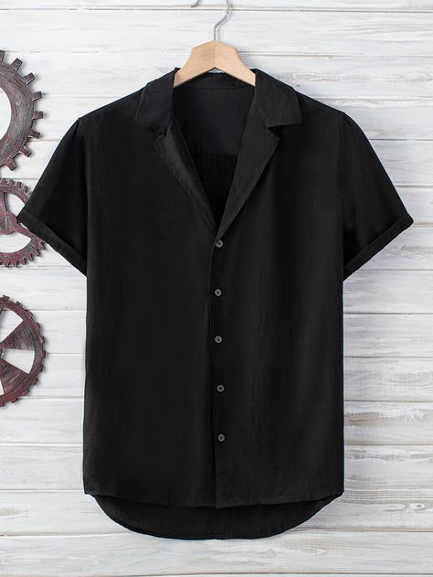 Men Lapel Neck Button Up Shirt Black Button Up Shirt Outfit Men, Black Button Up, Black Collared Shirt Outfit, Collared Shirt Outfit Men, Black Button Up Shirt Outfit, Black Blouse Outfit, Black Shirt Outfit Men, Men Graduation Outfit, Mens Button Up Shirts