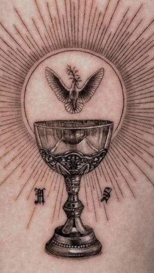 Chalice Tattoo Design, Communion Tattoo, Eucharist Tattoo, Chalice Tattoo, Church Tattoo, Holy Grail Tattoo, Wine Glass Tattoo, Wine Tattoo, Catholic Tattoos