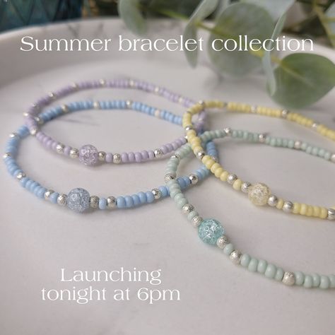 I have an exciting announcement!🎉 . I have created a mini summer bracelet collection and it will be launching at 6pm tonight over on my Etsy shop (link in bio)🥳🎉 . This collection features elasticated bracelets with pastel glass seed beads and a crackle effect glass focal bead - Perfect for summer☀️🙌 They look great on their own, stacked with eachother or with other bracelets you have🙌🤍 . Set your alarms for 6pm tonight🙌🎉 . This collection was so fun to create, I haven't made elastic bracelet... Pastel Bracelets, Pastel Bracelet, Summer Bracelet, Beaded Jewelry Designs, Summer Bracelets, Glass Beaded Bracelets, Elastic Bracelet, Seed Bead Bracelets, Glass Seed Beads