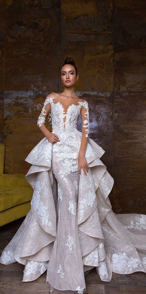 wedding dress with detachable skirt,detachable wedding dress train,wedding dress with detachable overskirt,mermaid wedding dress with detachable train,wedding dresses,wedding jumpsuit with detachable skirt #weddingdress #weddinggown Wedding Mermaid Dress, Transformer Dress, Convertible Wedding Dresses, Wedding Mermaid, Couture Dior, Long Sleeve Bridal Dresses, Skirt Diy, Long Sleeve Wedding Gowns, Detachable Skirt