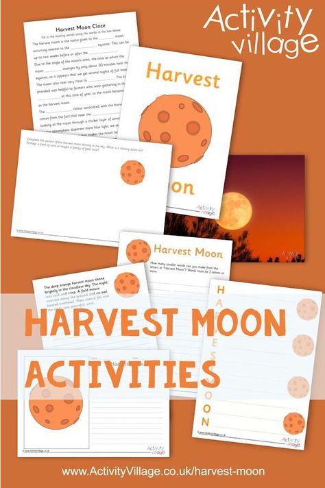 We've got a collection of activities below to help the kids learn about the harvest moon.Do you know why the harvest moon looks orange? Moon Crafts For Kids, Moon Party Ideas, Moon Lessons, Moon For Kids, Moon Unit, Moon Activities, Activity Village, Cloze Activity, Homeschool Nature Study