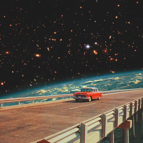 Deborah + Core + Aesthetic, Space Surrealism, Car In Space, Retro Space Art, Weird Aesthetic Art, Deborah Core, Kevin Core, Retro Planet Aesthetic, Retro Space