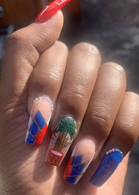 Haitian Flag Nails, Haitian Nail Designs, Haiti Nails, Flag Nail Designs, Puerto Rico Nails, Haitian Independence Day, Firework Nails, Usa Nails, Flag Nails