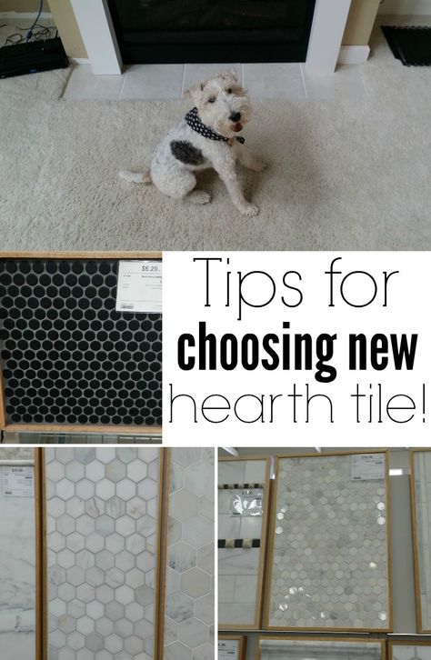 Tips for choosing new hearth tile.  An easy upgrade! Covering Brick Fireplace With Tile, Tile Hearth Ideas, Fireplace Floor Hearth Ideas, Raised Hearth Fireplace Tile, Flat Fireplace Hearth Ideas, Tile For Fireplace Hearth, Fireplace Floor Tile Hearth, Tile Hearth Pad, Tile In Front Of Fireplace Hearth