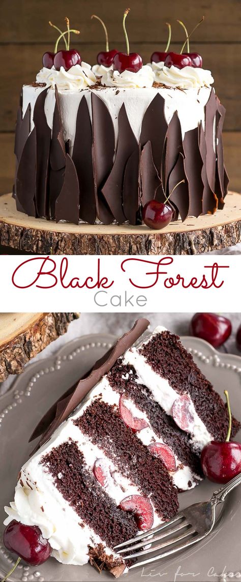 This Black Forest Cake combines rich chocolate cake layers with fresh cherries, cherry liqueur, and a simple whipped cream frosting. | livforcake.com Black Forest Cake Recipe, Black Cake, Cherry Liqueur, Cherry Chocolate, Cake Layers, Rich Chocolate Cake, Black Forest Cake, Forest Cake, Fresh Cherries