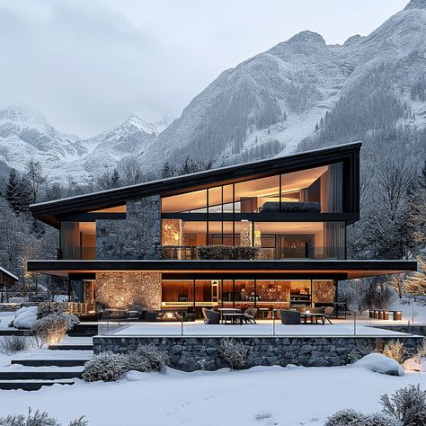 Aspen Luxury Homes, Modern Snow House, Modern Nordic Architecture, Winter Modern Mansion, Swiss Chalet Architecture, Nordic Mountain House, House In The Alps, Modern Ski Chalet Exterior, Snowy Architecture