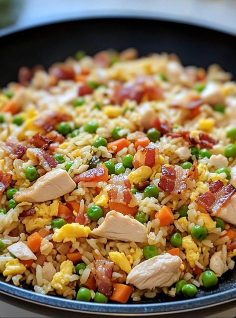 Chicken and Bacon Fried Rice Bacon Fried Rice Recipe, Baked Blooming Onion, Bacon Fried Rice, Bacon Rice, Vegetarian Fried Rice, Fried Rice Recipe Easy, Chicken And Bacon, Bacon Fries, Cabbage Rolls Recipe