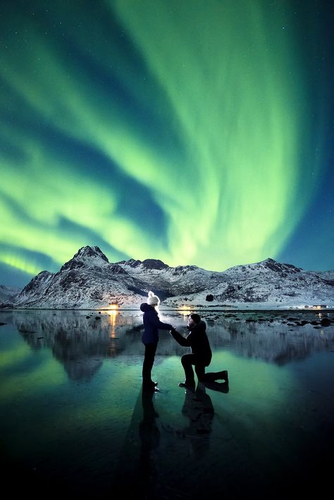 Photographer Dale Sharpe is a determined guy. It took two rings and two trips to the arctic circle, but he finally got engaged to the one person he loves, Lofoten Islands Norway, Best Places To Propose, Proposal Pictures, Aurora Borealis Northern Lights, Romantic Proposal, Wedding Proposals, Tromso, Clipuri Video, The Northern Lights