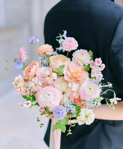 Wedding Bouquet With Tulips, Pastel Spring Wedding Flowers, Pink And Blue Wedding Bouquets, Pastel Colour Bouquet, Pastel Wildflower Wedding Bouquet, Pastel Wildflower Bouquet, Soft Pastel Bridal Bouquet, Bright Pastel Bouquet, Pastel Bridal Bouquet