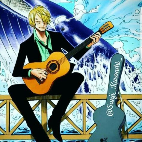 Vinsmoke Sanji, playing, guitar; One Piece One Piece D, Byakuya Kuchiki, One Piece Sanji, Arte Sailor Moon, Japanese Poster Design, Sanji Vinsmoke, Vinsmoke Sanji, One Piece Art, Straw Hat Pirates