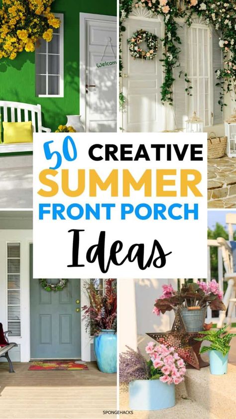 Front Porch Curtains, Sponge Hacks, Front Porch Decorating Ideas Summer, Summer Front Porch Ideas, Small Bathroom Decor Ideas, Step Ideas, Small Porch Decorating, Summer Front Porch Decor, Summer Porch Decor